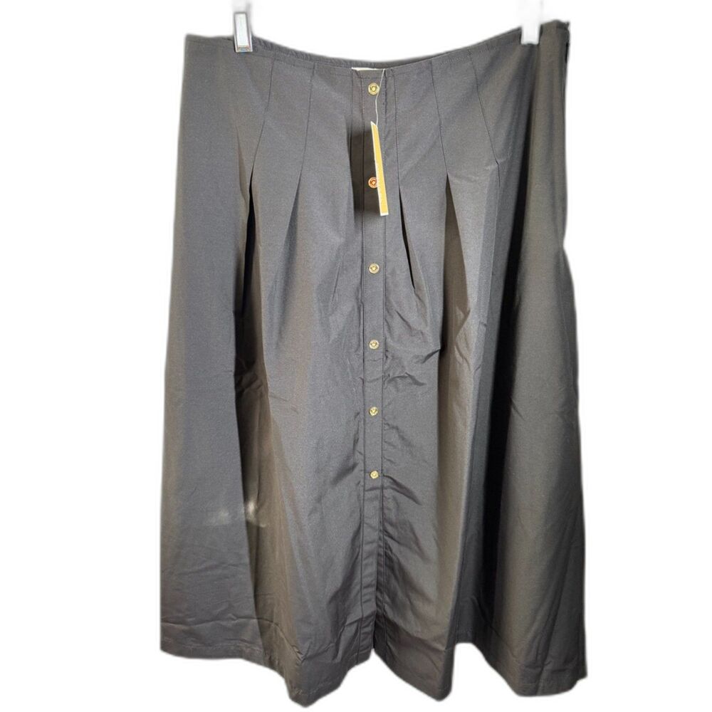 Michael Kors Black Midi Skirt Women L NWT Gold Button Pleated A-Line